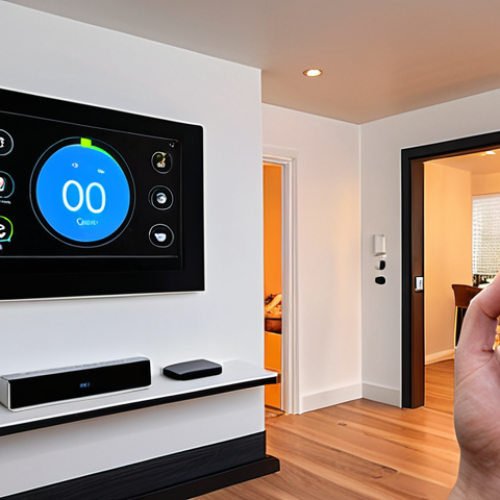 Home 11 Smart Home Interior**
A modern smart home interior, showcasing integrated technology such as smart lighting, a digital thermostat, and a home security system display. Depict a comfortable and efficient living space with a person interacting with a smart device, highlighting the convenience and safety features.
**