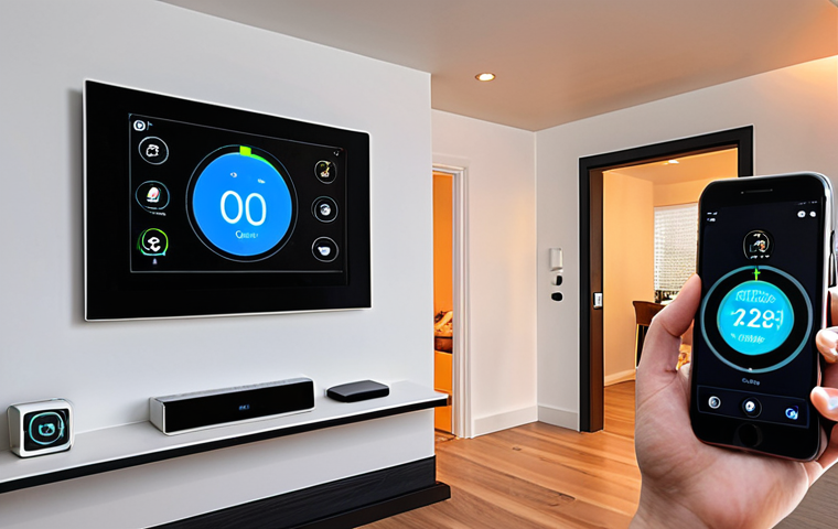 Smart Home Interior**
A modern smart home interior, showcasing integrated technology such as smart lighting, a digital thermostat, and a home security system display. Depict a comfortable and efficient living space with a person interacting with a smart device, highlighting the convenience and safety features.
**