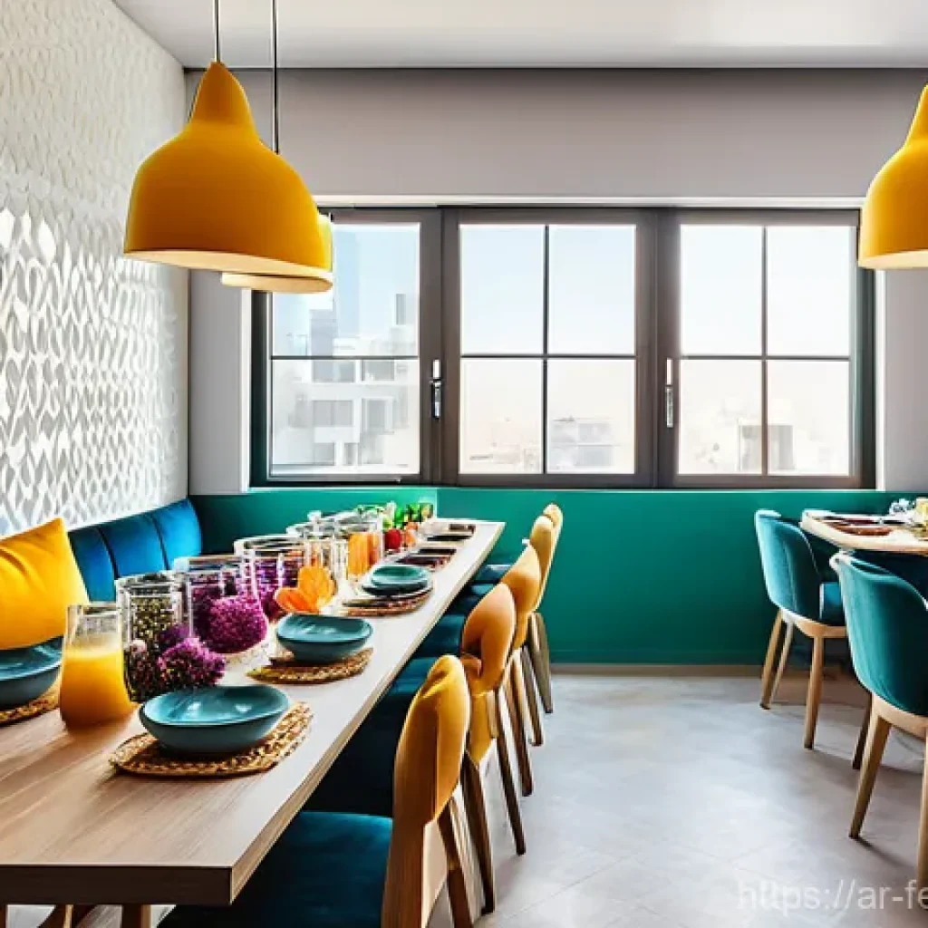 도시 재생과 공유 주거 모델의 상관관계 - **A vibrant communal dining area in a modern co-living space located in a bustling Arab city.** Dive...