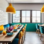 도시 재생과 공유 주거 모델의 상관관계 - **A vibrant communal dining area in a modern co-living space located in a bustling Arab city.** Dive...
