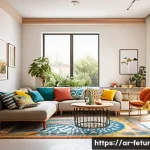 청년층을 위한 공유 주거 모델 - A vibrant shared apartment scene in a modern Middle Eastern city, featuring a group of diverse young...