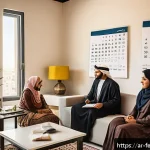 공유 주거의 법적 규제 변화 - A modern shared apartment interior in a Middle Eastern urban setting, showing diverse young Arabic t...