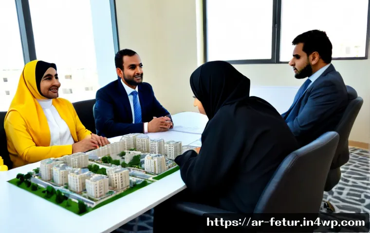 Home 30 공유 주거 모델의 정책 제안 - Photorealistic policy consultation scene in a modern Gulf Arab municipal meeting room, diverse Arab ...